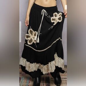 Pol Bohemian Black Maxi Skirt with flower Embroidery